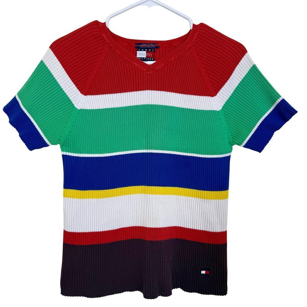 Tommy Hilfiger Top Large Y2K Ribbed Bold Stripes Vintage Red White Green Blue